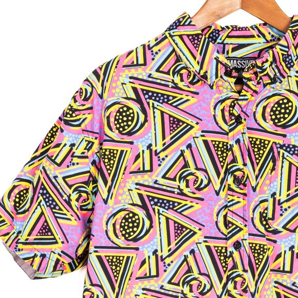 Massive Neon Shapes Retro 80s / 90s Button Down SS Shirt Large - Picture 1 of 6
